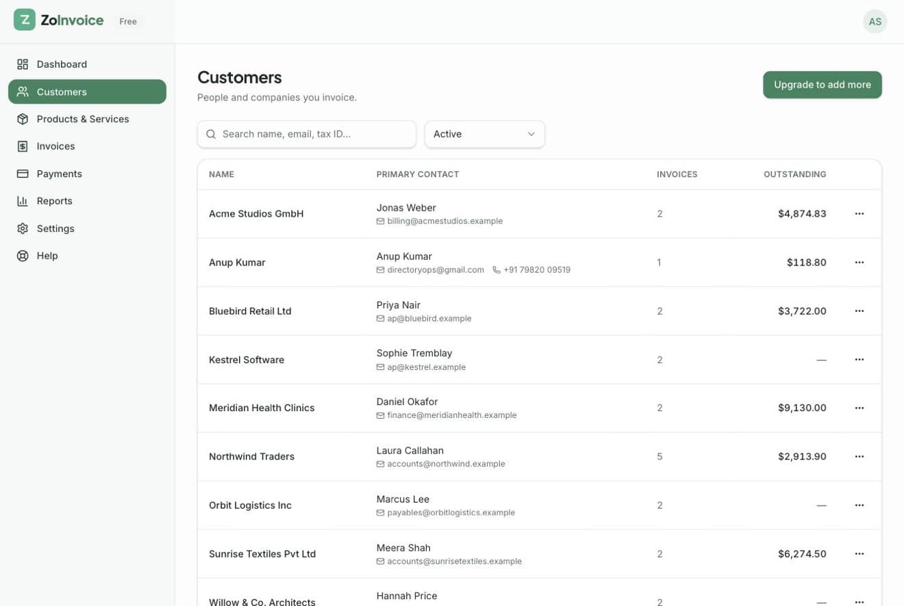 Customer list with outstanding balances