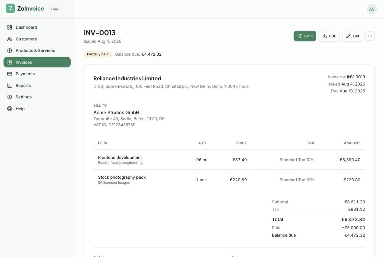 Invoice detail page with PDF preview, payments and actions