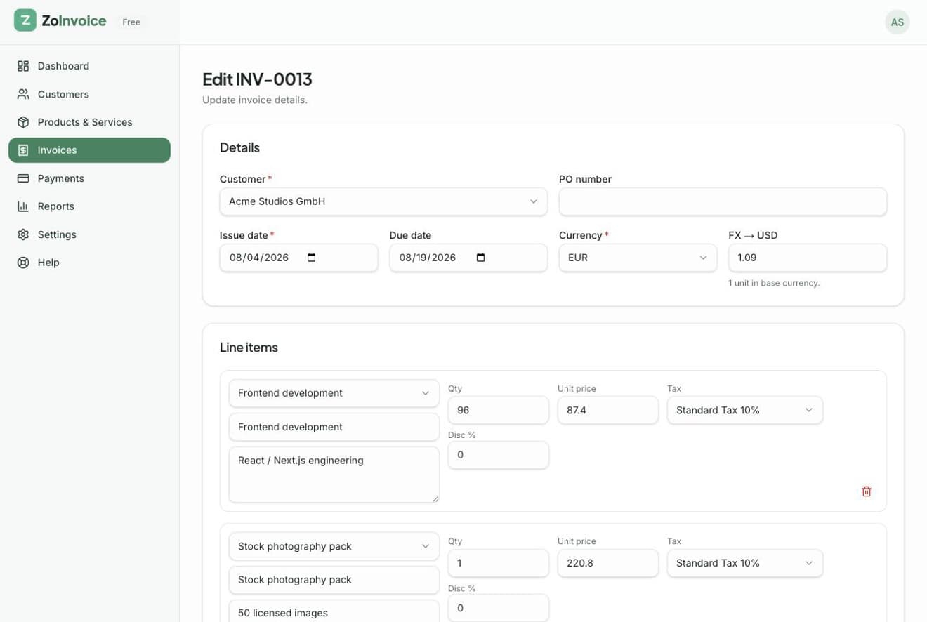 Invoice editor with line items, taxes and totals