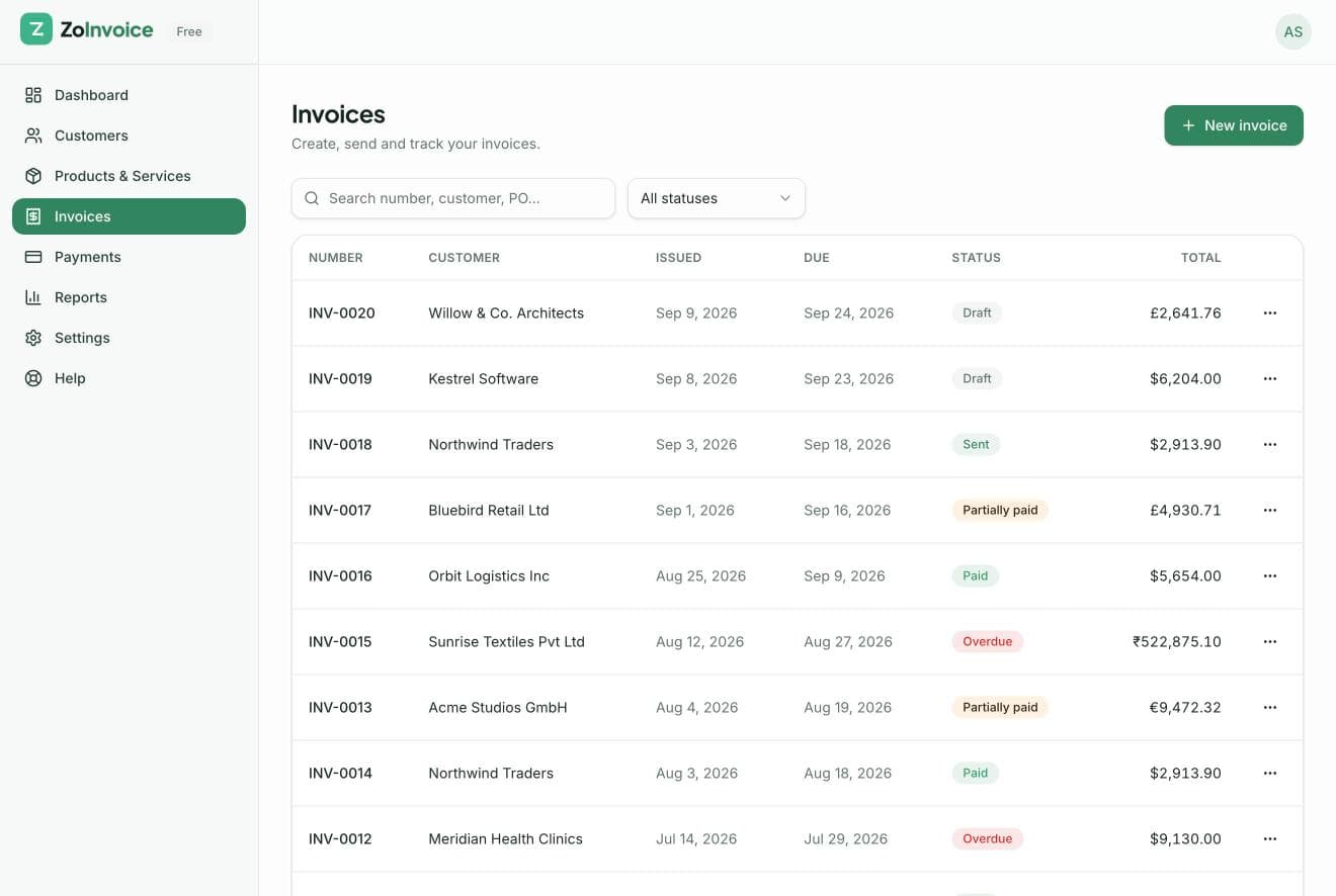 Invoice list with status filters and totals