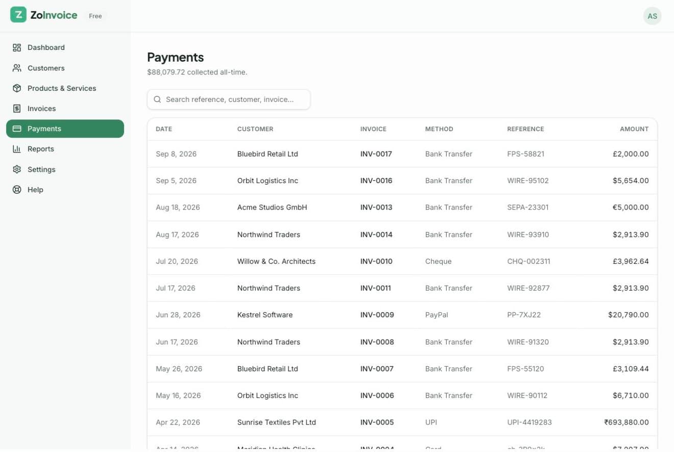 Payments list with methods and transaction references