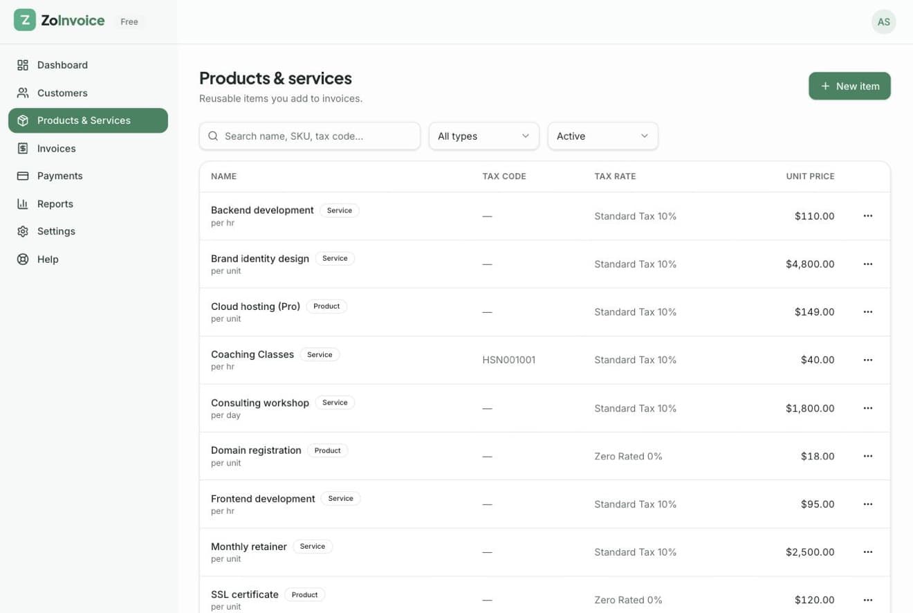 Products and services catalogue with prices and tax rates