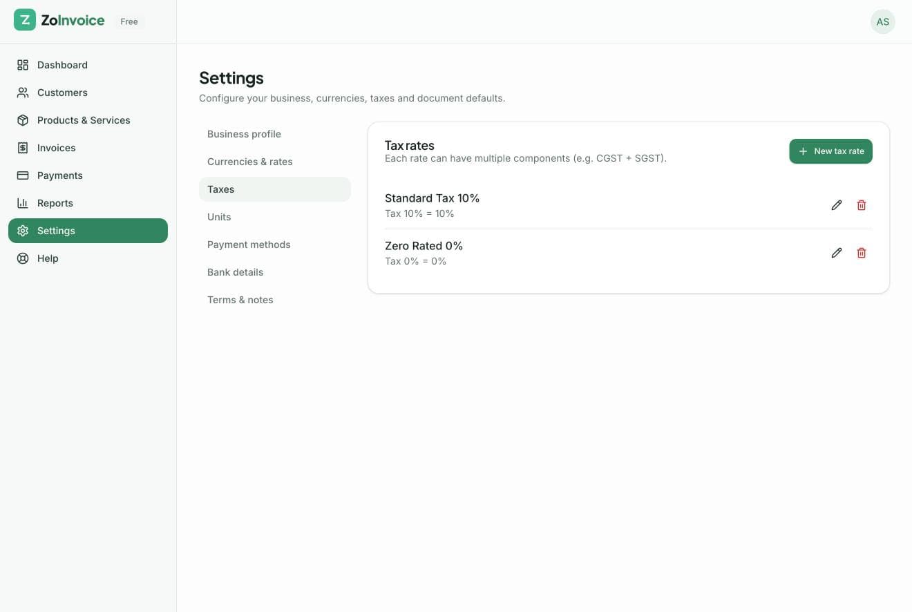 Business settings with branding, numbering and tax configuration